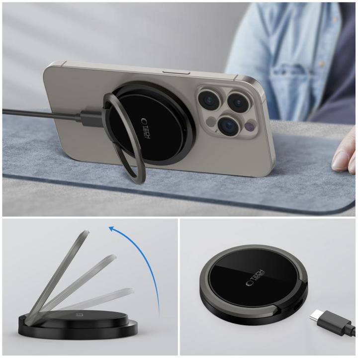 Produktbild Tech-Protect QI15W-A33 inductive charger with MagSafe and stand with USB-A / USB-C cable - black (15 W)