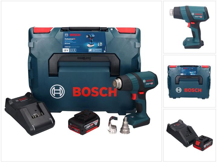1x Bosch GHG 18V-50 Professional Souffleur d'air chaud sans fil - 1x buse réflectrice - 1x buse de réduction - 1x batterie 5,0 Ah - 1x chargeur - 1x Bosch L-Boxx