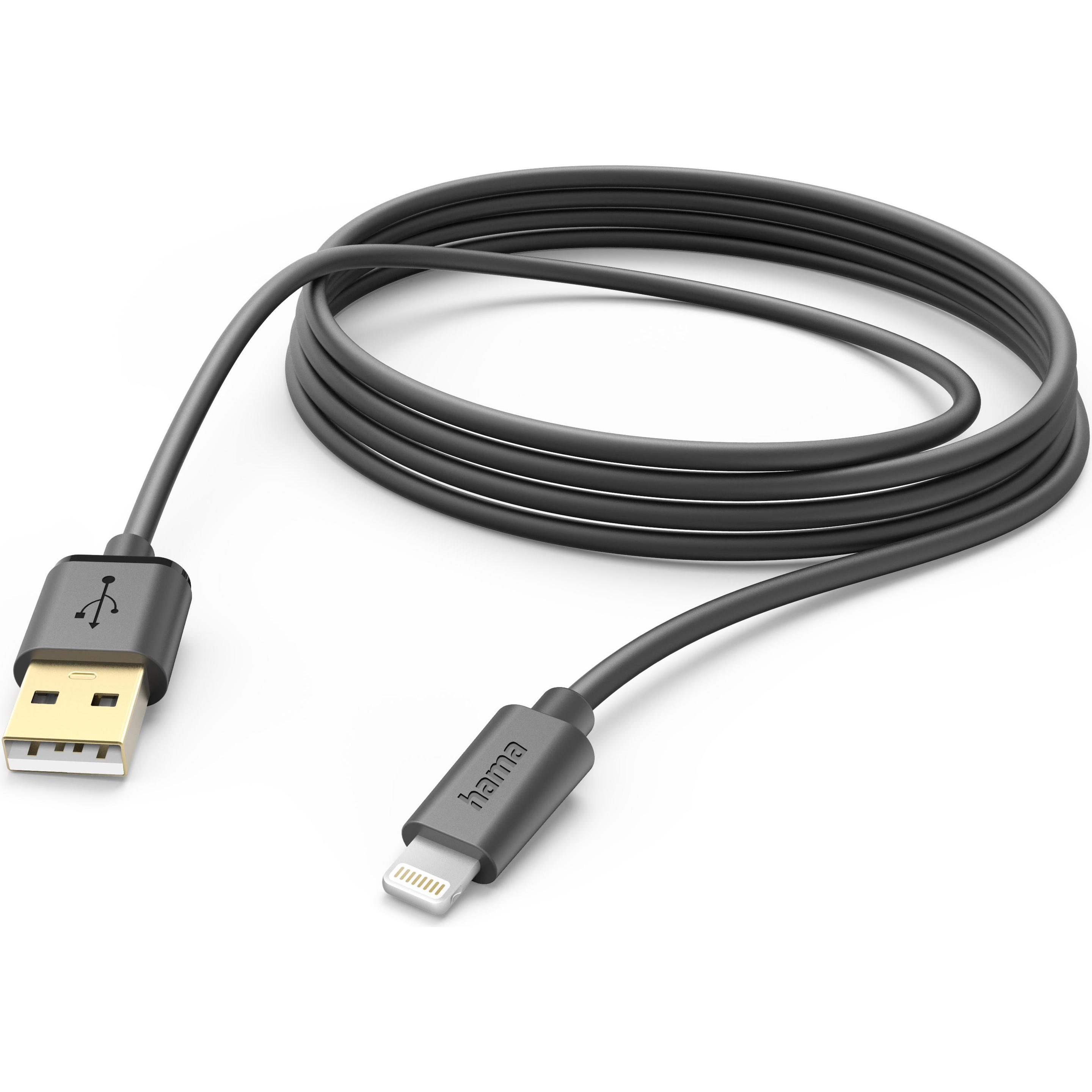 Hama USB-Kabel, USB-A - Lightning, 3 m, Schwarz (3 m, USB 2.0), USB Kabel