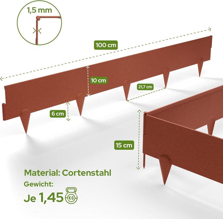 Arebos Cortenstahl Rasenkante 15x 1m (100 cm)