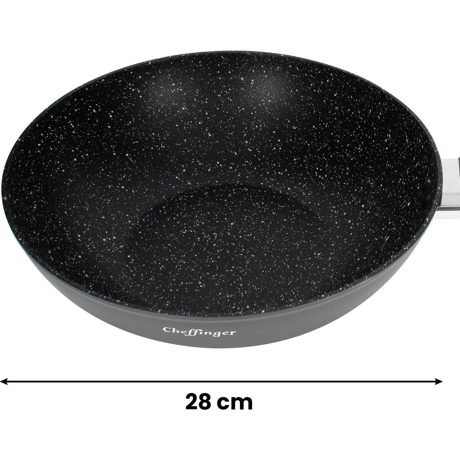 Thumbnail - Cheffinger Wok 28 cm mit Marmorbeschichtung, Glasdeckel und Softgrip-Griff, Pfanne + Kochtopf, Transparent