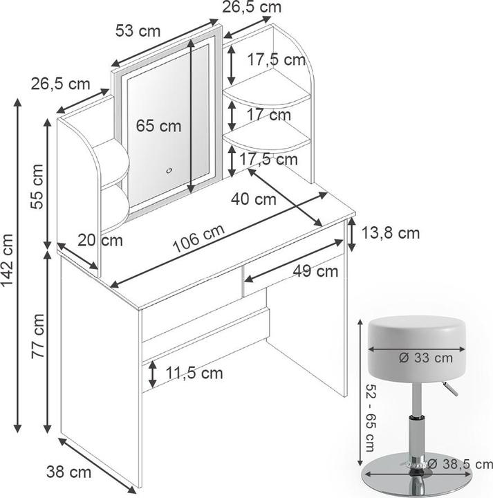 Immagine prodotto Vicco Charlotte con specchio LED e sgabello (108 x 40 x 142 cm)