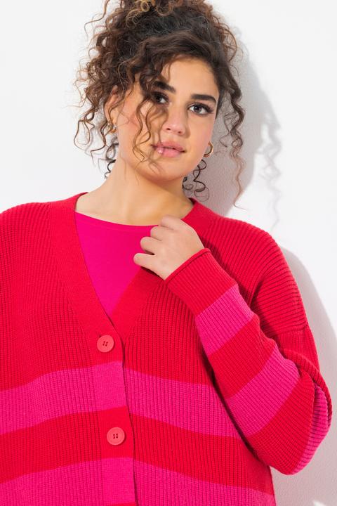 Image du produit Ulla Popken Cardigan rayé à bords roulottés, encolure en V et coupe Boxy (42, 44)