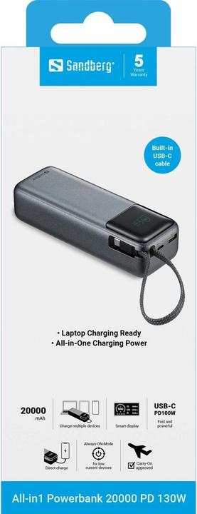 Actual product image Sandberg All-in1 Powerbank 20000 PD130W (20000 mAh, 130 W, 72 Wh)