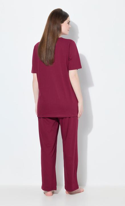 Image du produit Ulla Popken Pyjama 2 pièces, pantalon + haut à fleurs avec broderie, décolleté rond et manches courtes (42, 44)