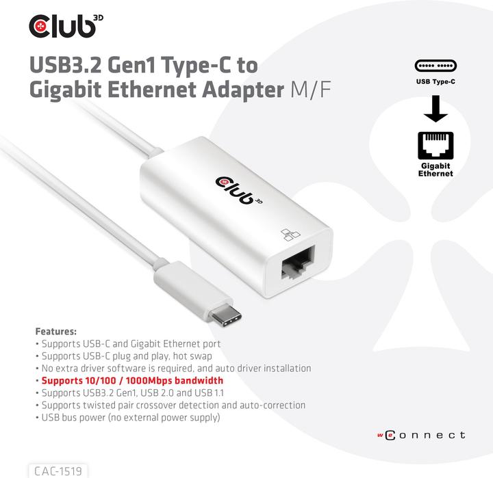 Produktbild Club 3D USB3.2 Gen1 Typ-C zu RJ-45 (USB 3.2, RJ45 (1x))