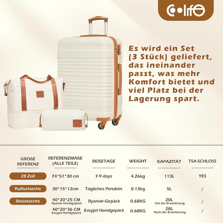Actual product image Coolife 3-teiliges Koffer-Set Essentials mit Reisetasche & Kulturtasche (113 l)