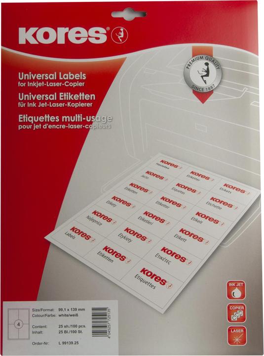 Actual product image Kores Universal labels, white, W x H mm: 99.1 x 139.0, per sheet: 4 labels