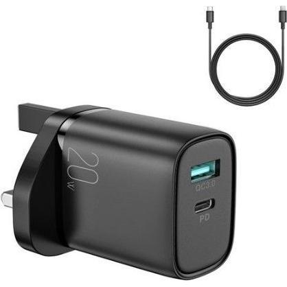 Joyroom caricatore rapido da parete UK USB Tipo C + USB 20W PD QC3.0 nero (L-QP2011) + cavo USB Tipo C - (20 W), Caricatore USB, Nero