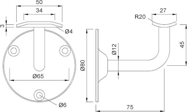 Actual product image Magni KWS 4574 Handrail support 80mmRos. f.75 mm wall distance (Aluminium)
