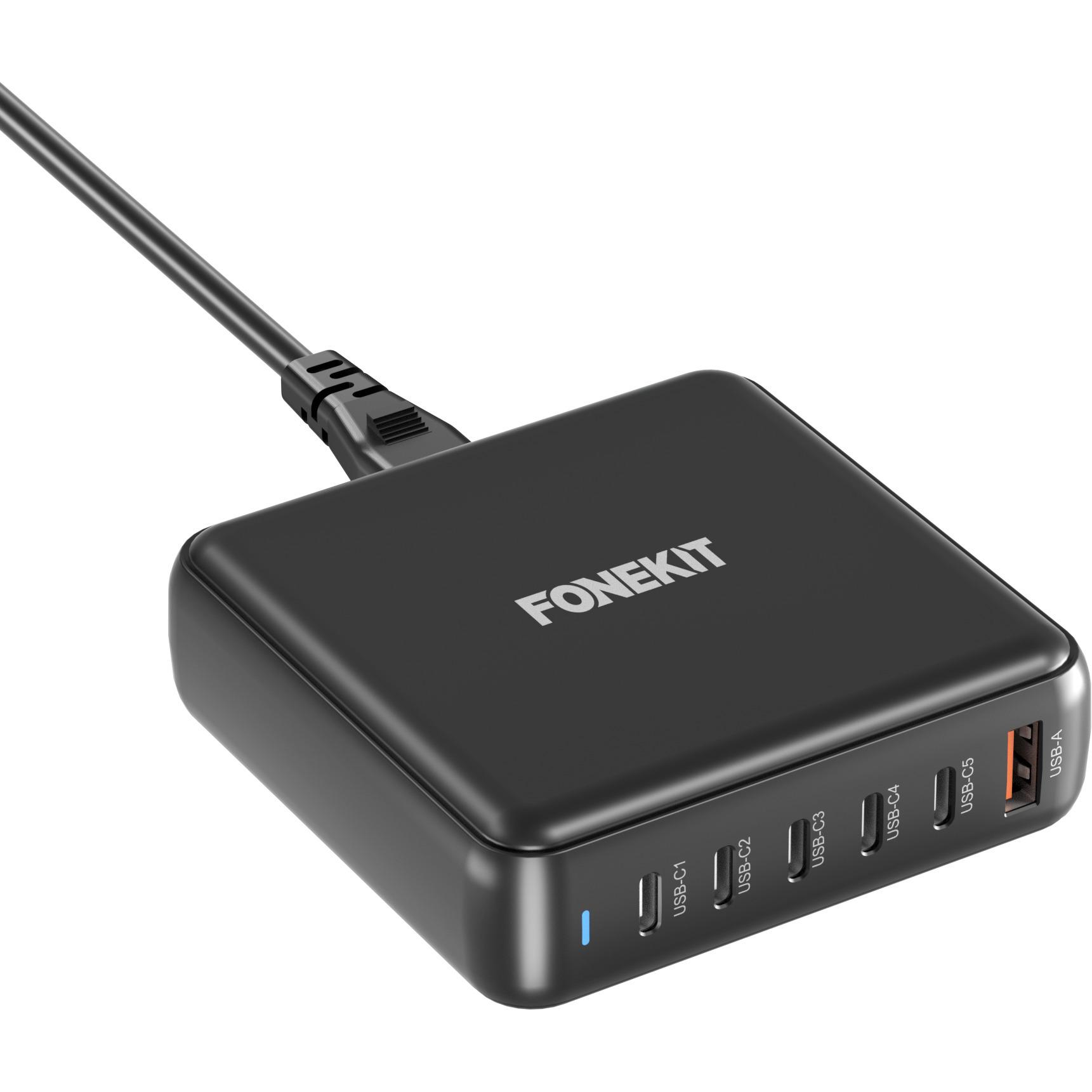 FoneKit GaN PD 200W Power Adapter, USB-A + 5 x USB-C, black (200 W), USB Ladegerät, Schwarz