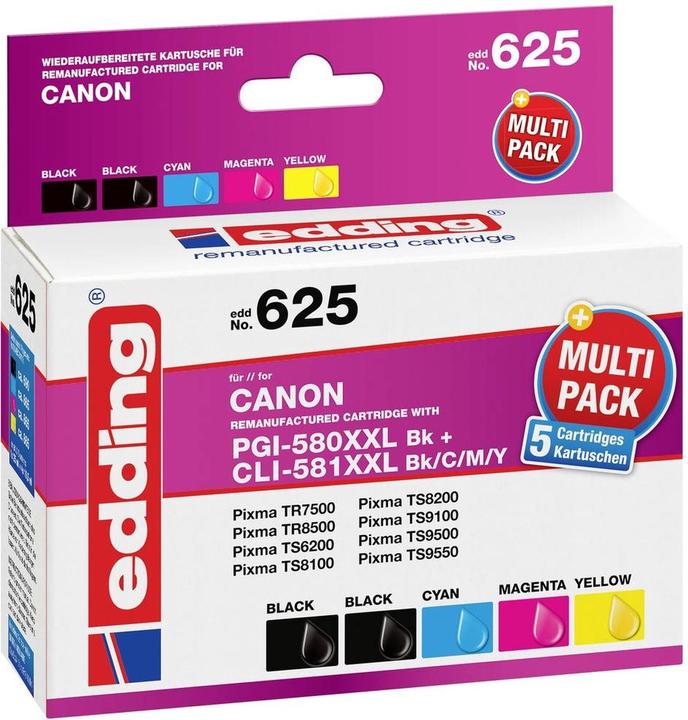 Image du produit Edding 5 EDD-625 2x cartouches d'encre noire, cyan, magenta, jaune remplacent Canon PGI-580XXL BK (C, CF, M, Y)