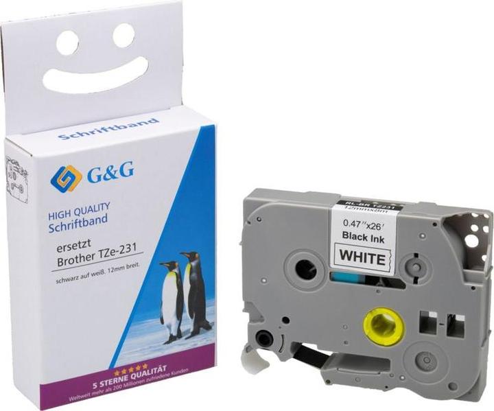 Productafbeelding G&G Schriftband 12mm x 8m sw-ws komp. m. Brother Tze-231 (1.20 cm, Wit, Zwart)