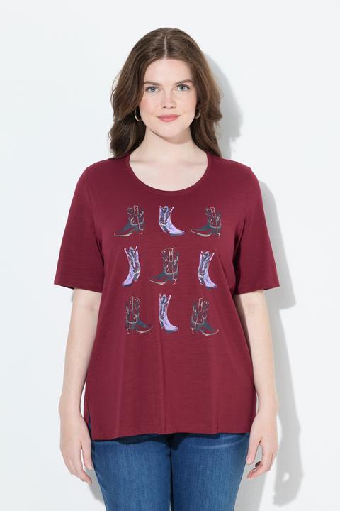 Image du produit Ulla Popken T-shirt motif bottes de cowboy, décolleté en V et manches courtes, coupe Classic Fit (50, 52)