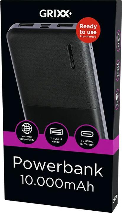 Productafbeelding Grixx Powerbank 10000mAh Micro USB & USB-C Zwart (10000 mAh)