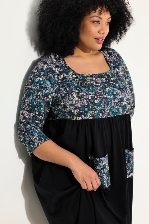 Produktbild Ulla Popken Jersey-Maxikleid, Blüten, Carree-Ausschnitt, 3/4-Arm (46, 48)