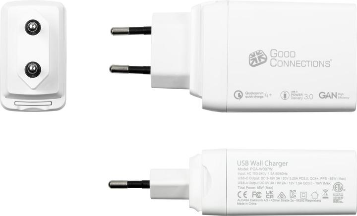 Productafbeelding Good Connections GC USB snellader 65W met GaN technologie, 2xUSB-C+1xUSB-A, PD 3.0, QC 3.0 (65 W, 3 ports)