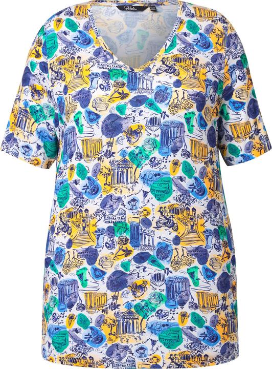 Immagine prodotto Ulla Popken T-shirt dal taglio svasato con design ispirato alle vacanze, scollo a V e mezze maniche (62)