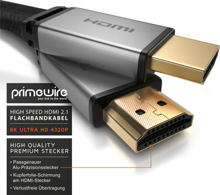 Produktbild Primewire HDMI Kabel 2.1 Flach, Typ A, 8K Flachbandkabel mit Gewebemantel 7680 x 4320 @ 120 Hz mit DSC (5 m, HDMI, 2.1)