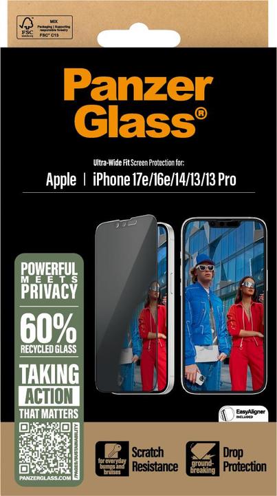 Produktbild PanzerGlass Privacy Screen Protector (1 Stk., Apple iPhone 13, Apple iPhone 13 Pro, Apple iPhone 14, Apple iPhone 16e, Apple iPhone 17e)