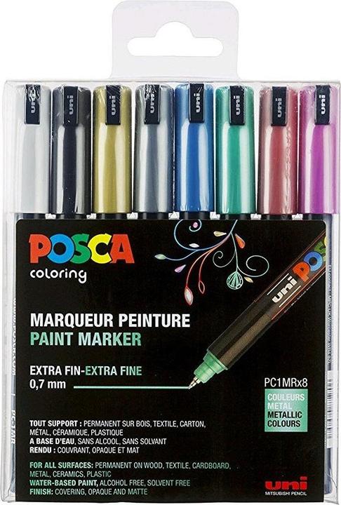 Produktbild Posca Acrylmarker (Weiss, Silber, Metallic Rosa, Grün, Gold, Blau, Schwarz, Rot, 1 mm, 8 x)