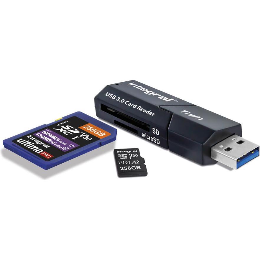 Thumbnail - Integral USB 3.0 TWIN CARD READER Kartenleser USB 3.2 Gen 1 (3.1 Gen 1) (USB), Speicherkartenlesegerät, Schwarz
