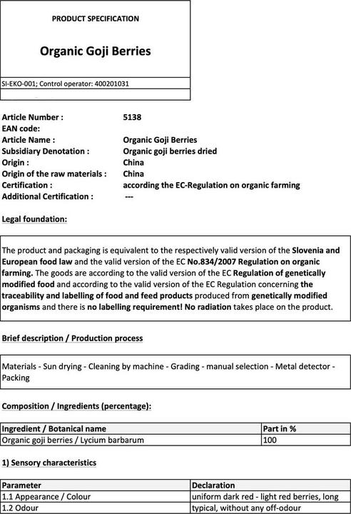 Nährwerte und Zutaten Zimmerli Adaptogene Goji Beeren (BIO) (1 Stück, 100 g)