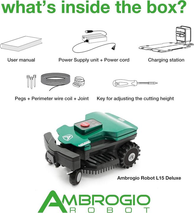 Actual product image Ambrogio L15 Deluxe robotic lawnmower with boundary wireBattery 25.9 V and 5 Ah (700 m², Boundary wire)