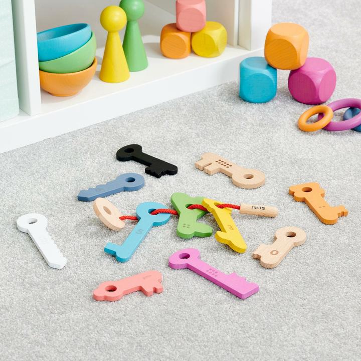 Actual product image TickiT Rainbow wooden keys – 11 numbered keys with threading cord & bag