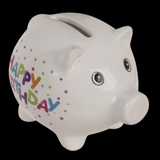 Out of the blue, Spardose, Sparschwein Happy Birthday - aus Keramik - ca. 8,8 cm - 1 Stück