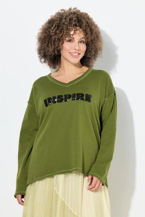 Produktbild Ulla Popken Sweatshirt, Pailletten-Schriftzug, V-Ausschnitt, Langarm (54)