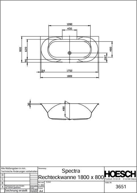Immagine prodotto Hoesch Vasca da bagno SPECTRA 1800x800x480mm bianco (170 l)