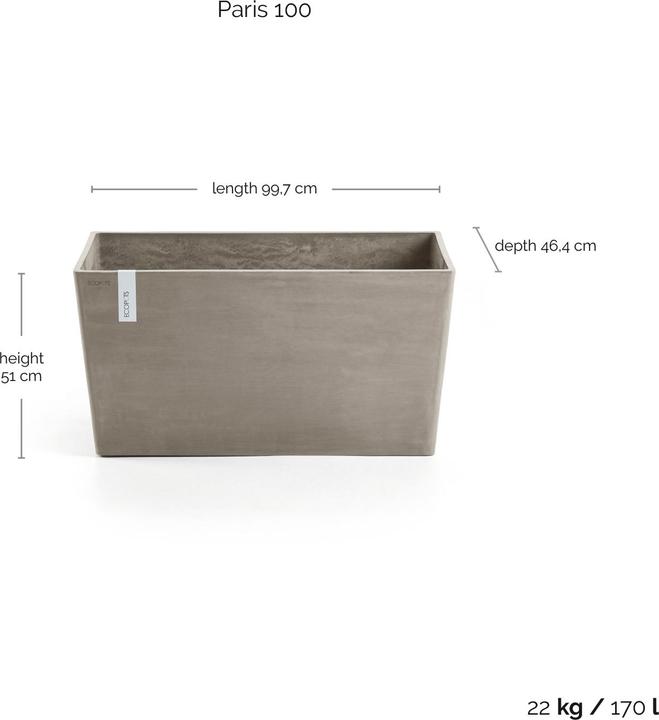 Produktbild Ecopots Paris 100 Blumentopf - L 99,7 cm x B 46,4 cm x H 51 cm - Innen- und Aussenbereich (46.40 cm)