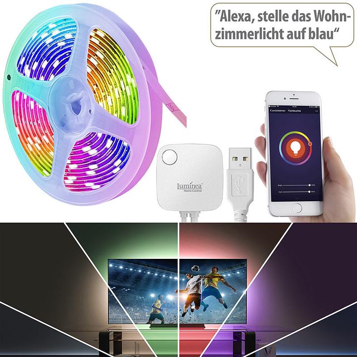 Produktbild Luminea USB-RGB-CCT-LED-Streifen mit WLAN, Sound & Sprachsteuerung (RGB, 300 cm, Indoor)