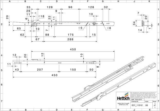 Produktbild Hettich Schubladenschiene Teilauszug Rollschubführung 450 mm weiss 2 Stück
