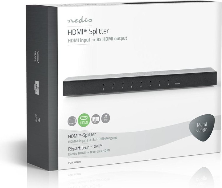 Image du produit Nedis HDMI T Splitter 8-Port Port(s) HDMIT Entrée 8X HDMIT Sortie 4K@60Hz 18 Gbps Métal Anthrazi