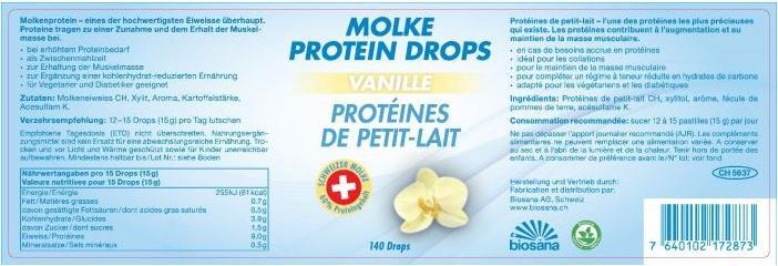 Nutritional values and ingredients Biosana Whey Protein Drops Vanilla (140 pcs., 462.40 ml)