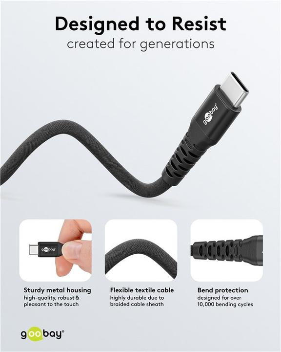 Produktbild Goobay USB-C Supersoftes Textilkabel mit Metallsteckern, 2 m, schwarz (2 m, USB 2.0, 60 W)