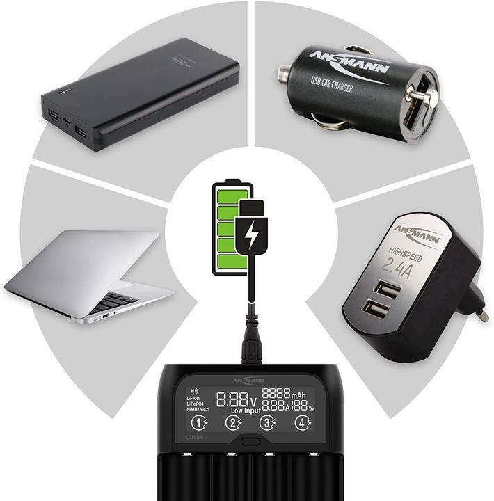 Actual product image Ansmann Lithium 4 Universalladegerät mit 2x 18650 Akkuzellen (2600mAh) Ladegerät (1 pcs., 14500, 16340, 17670, 18500, 18650, 22650, 26650, 2600 mAh, Battery + charger)