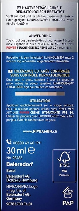 Nutritional values and ingredients NIVEA Men Power Anti-Age Serum 2in1 (30 ml)