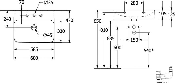 Produktbild Villeroy & Boch V&B Waschtisch FINION m verd. ÜL ViFlow 600x470mm we C+ (470 mm, 600 mm)