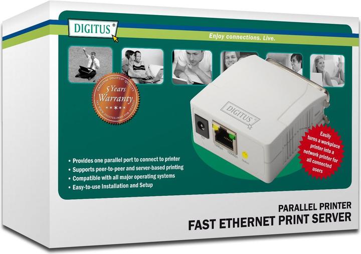 Image du produit Digitus Serveur d'impression Fast Ethernet 1xParallèle 1xRJ-45 avec bloc d'alimentation