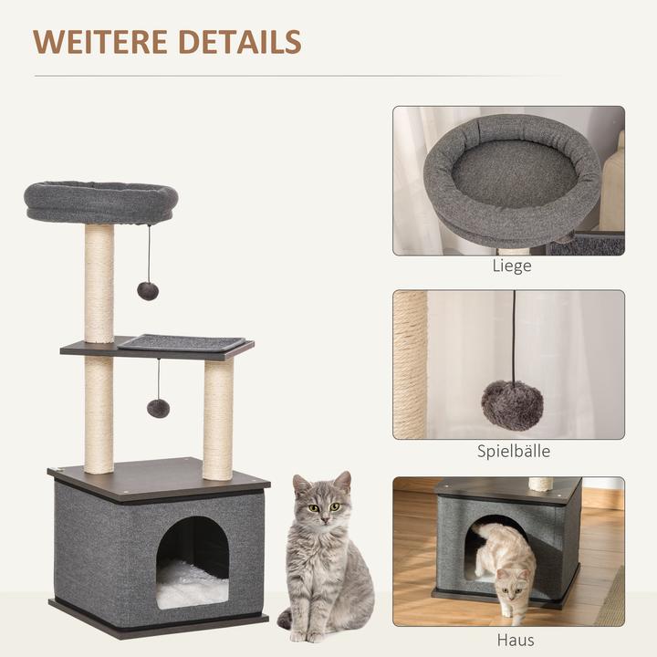 Immagine prodotto PawHut Albero per gatti con grotta per gatti e palline sospese (104 cm, Grigio scuro)