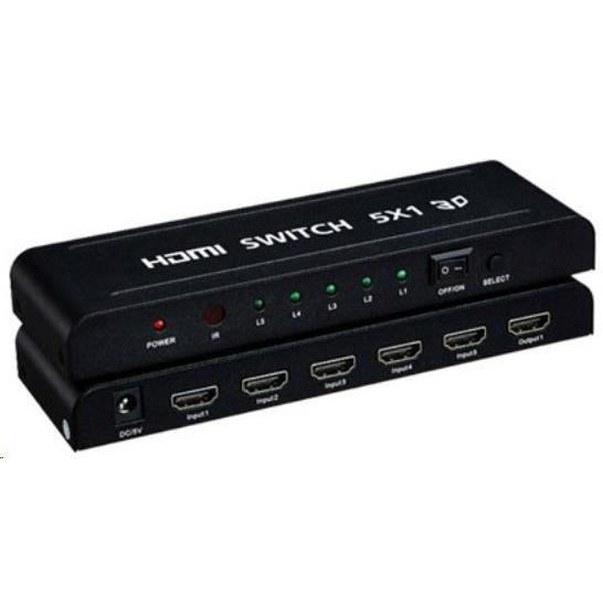 PremiumCord Switch HDMI 5:1 kovový s dálkovým ovladačem e napájecím adaptérem, Switch box