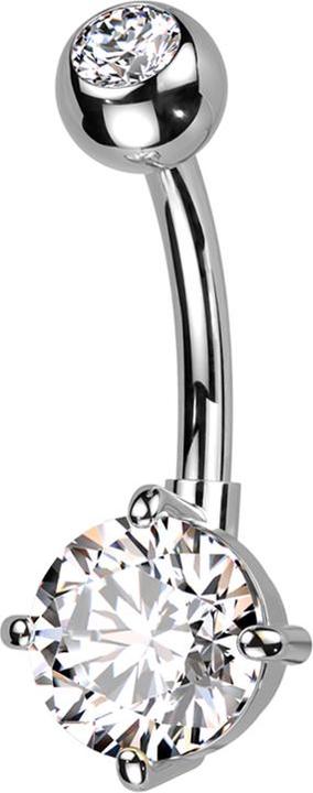 Star Piercing Banane argentée avec boule argentée cristal argenté et grand cristal rond argenté (Laiton, Titane)