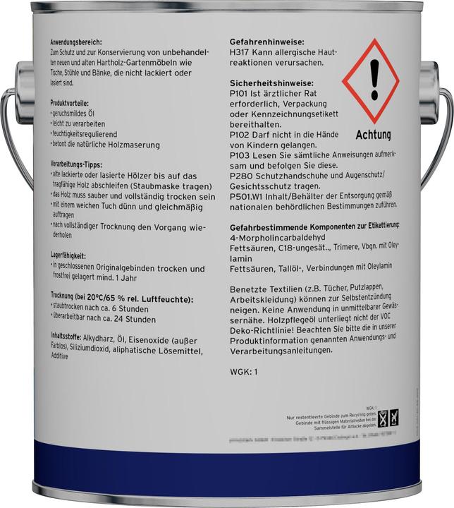 Nutritional values and ingredients Plid Wood oil 2.5l for approx. 25m² / wood protection impregnation care oil garden furniture (Bankirai, 2.50 l)