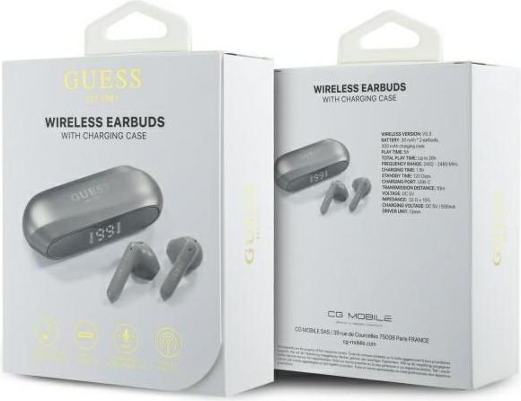 Produktbild Guess Kabellose Kopfhörer Elongated Metallic ENC TWS Bluetooth Headset - Silbergrau (ANC, 26 h, Kabellos)