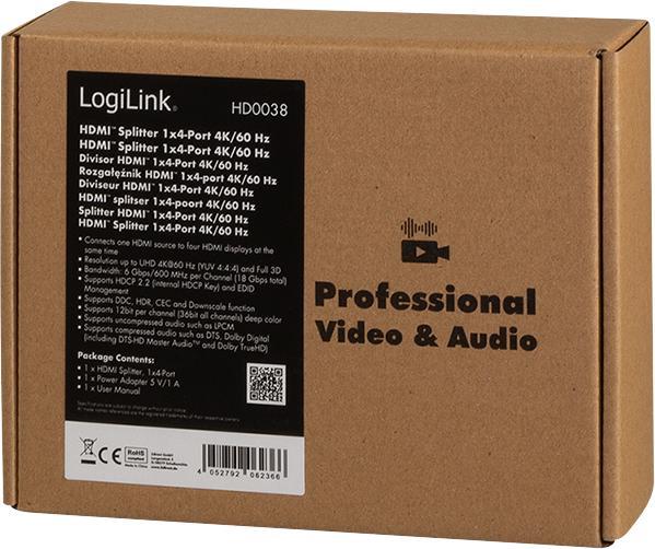 Actual product image LogiLink HD0038 HDMI Splitter 1x4-Port, 4K/60 Hz, HDCP, EDID, HDR, CEC, downscaler