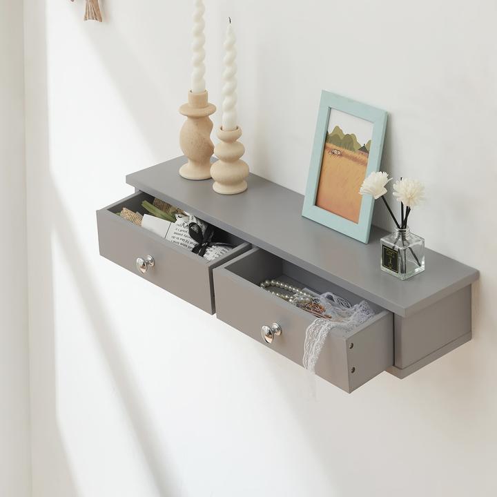 Actual product image En.Casa Wandregal Geeste 60x15x10 cm mit 2 Schubladen Hellgrau (60 x 15 x 10 cm)