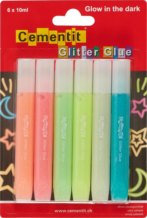 Produktbild Cementit Glitter Glue Glow in the dark Blister à 6 x 10ml (100 g, 6 ml)